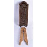 AN UNUSUAL CASED PAIR OF EARLY 19TH CENTURY TREEN NUT CRACKERS decorated with sunburst motifs, the