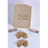 A PAIR OF 18CT GOLD ENGRAVED CUFFLINKS together with a pair of Edwardian yellow metal and
