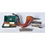 Tobacciana silver items including - An Amber Pipe with Silver Mounts and Horn Stem, A Case Pair of