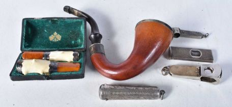 Tobacciana silver items including - An Amber Pipe with Silver Mounts and Horn Stem, A Case Pair of