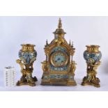 A FINE 19TH CENTURY FRENCH ORMOLU AND CHAMPLEVE ENAMEL CLOCK GARNITURE formed with putti amongst
