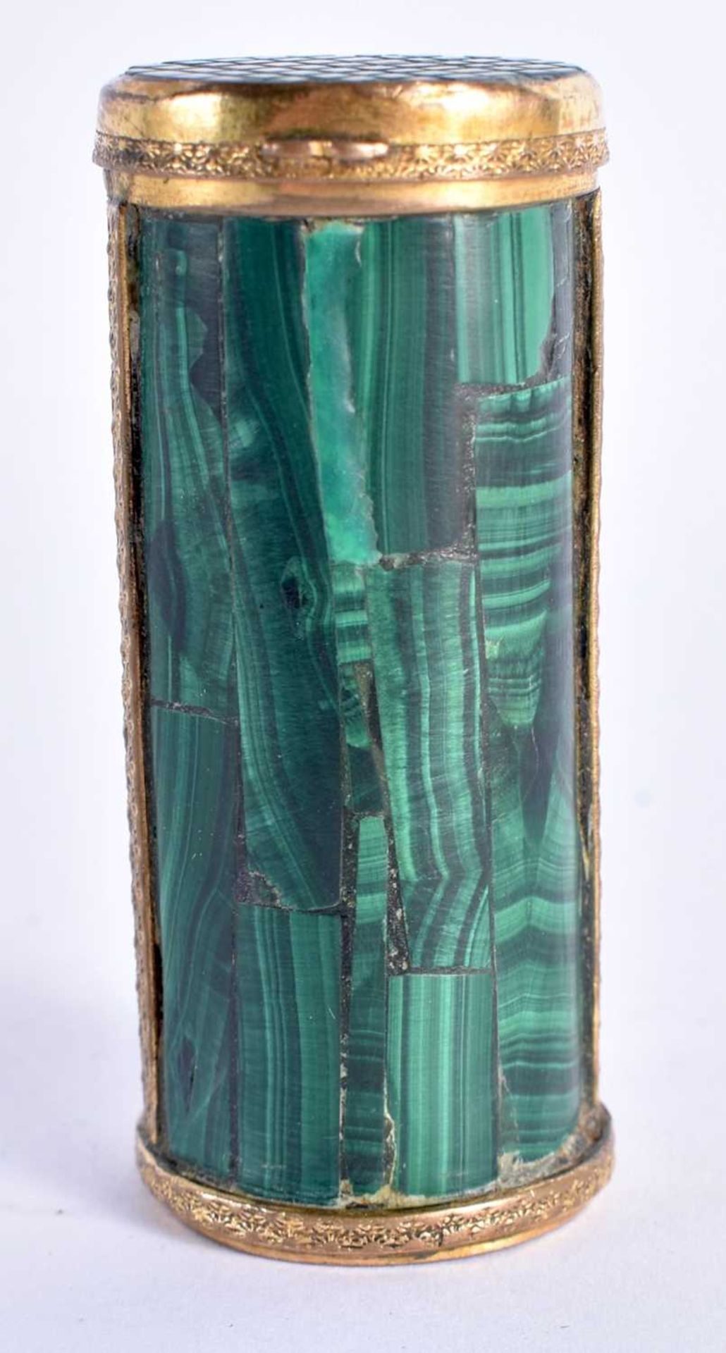 A CHARMING 19TH CENTURY FRENCH CARVED MALACHITE GILT MOUNTED VESTA CASE of naturalistic form. 6.25