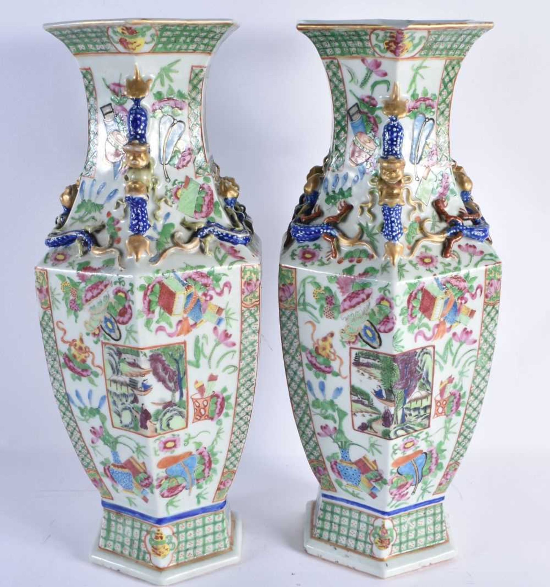 A LARGE PAIR OF 19TH CENTURY CHINESE CANTON FAMILLE ROSE VASES Qing, painted with immortals within - Image 7 of 34
