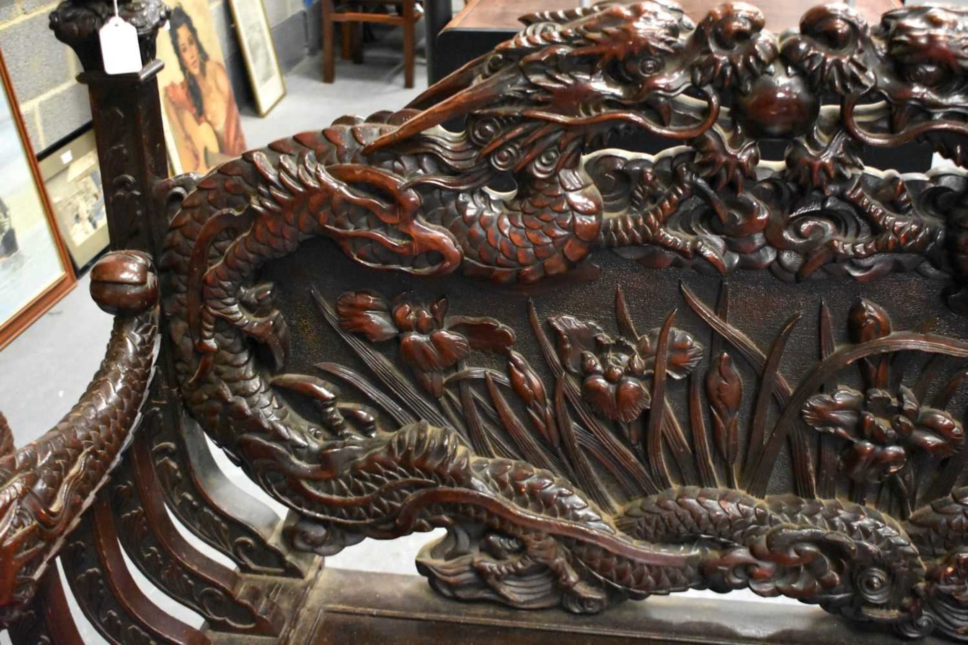 A LARGE 19TH CENTURY JAPANESE MEIJI PERIOD CARVED WOOD DRAGON BENCH. 125 cm x 125 cm. - Image 3 of 14
