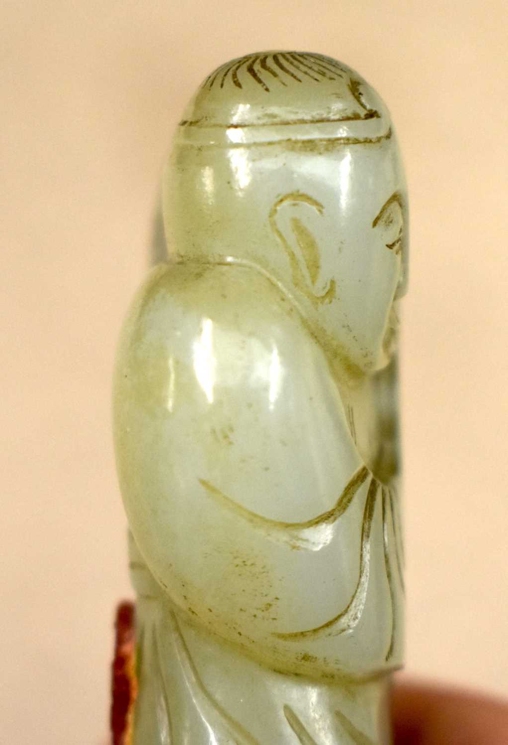 A LOVELY 19TH CENTURY CHINESE CARVED GREEN JADE FIGURE OF A STANDING MALE Qing, modelled holding a - Image 10 of 12