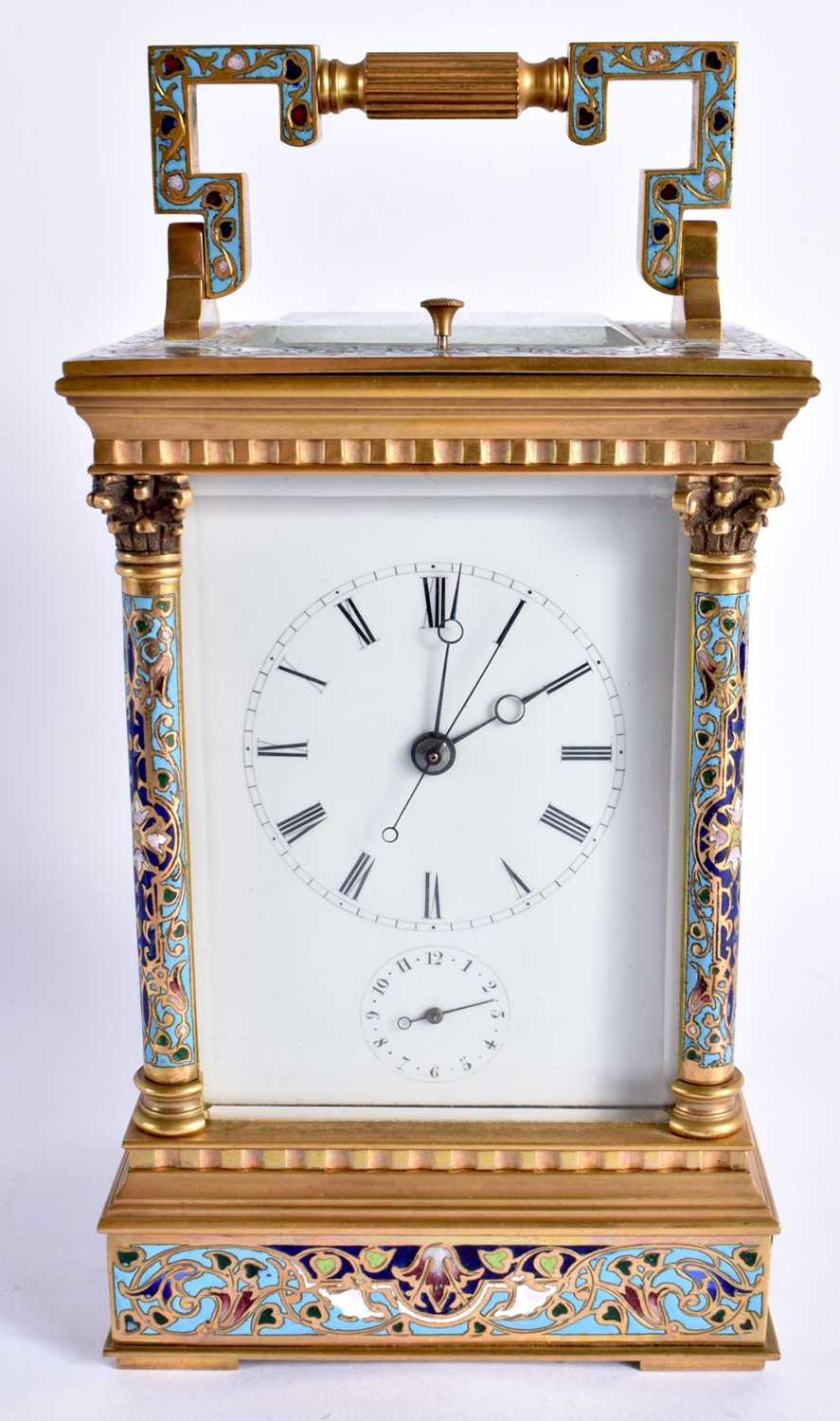 A LOVELY 19TH CENTURY FRENCH CHINESE MARKET CHAMPLEVE ENAMEL AND BRONZE REPEATING CARRIAGE CLOCK the