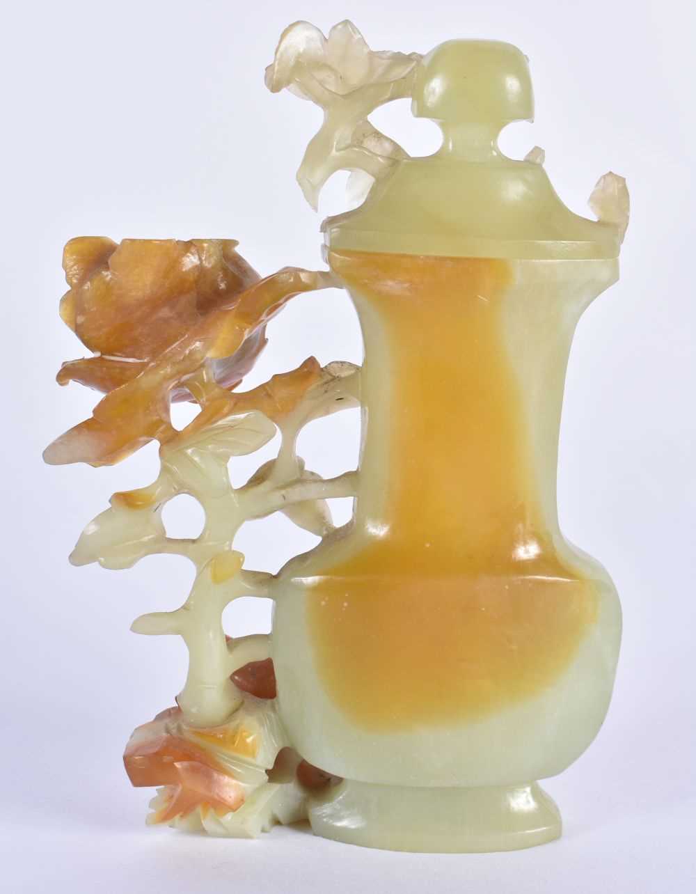 AN EARLY 20TH CENTURY CHINESE FLATTENED JADE VASE AND COVER Late Qing/Republic, formed with overlaid - Image 3 of 5