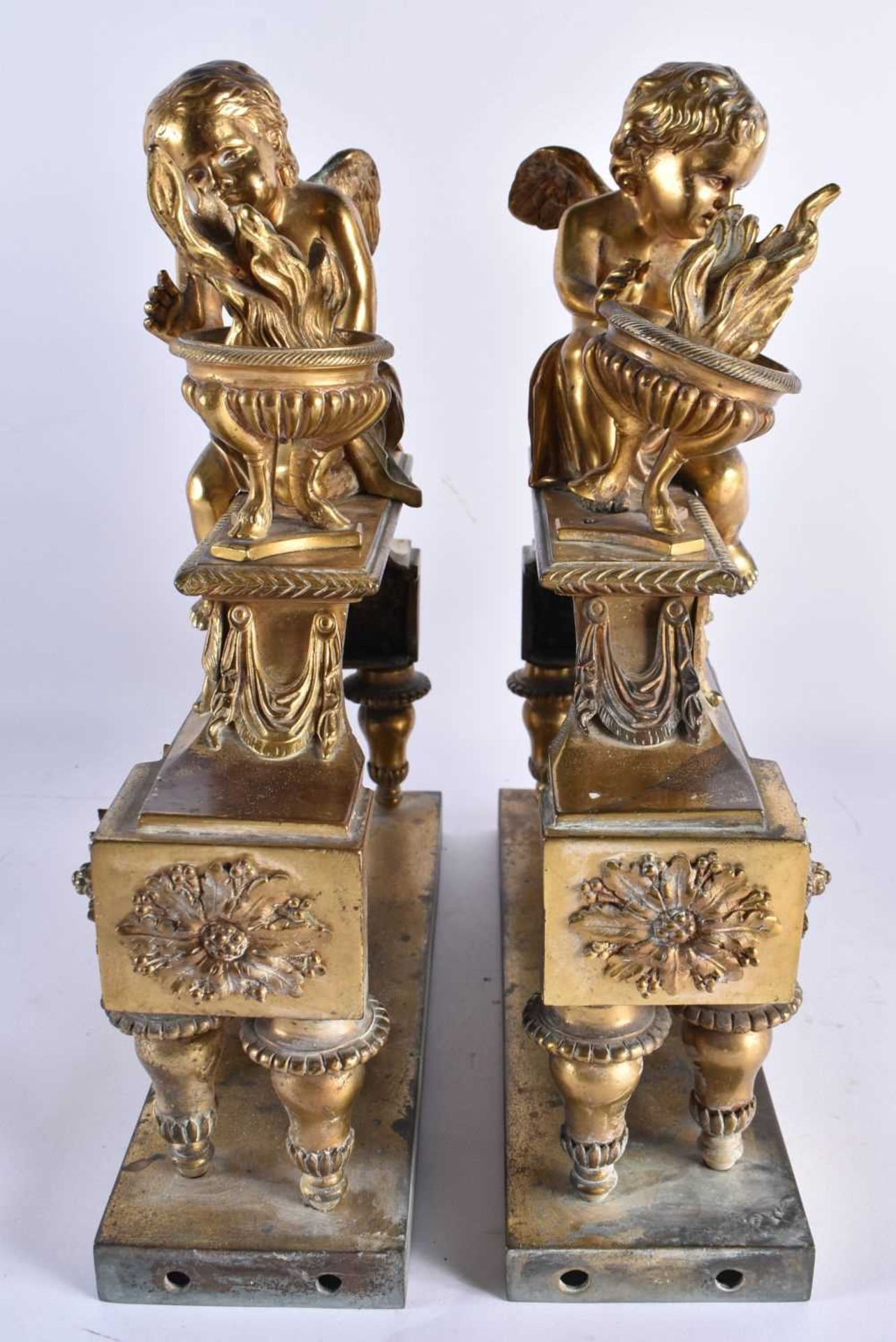 A PAIR OF EARLY 19TH CENTURY FRENCH ORMOLU FIRESIDE COMPANIONS formed as putti beside flaming vases, - Image 4 of 6