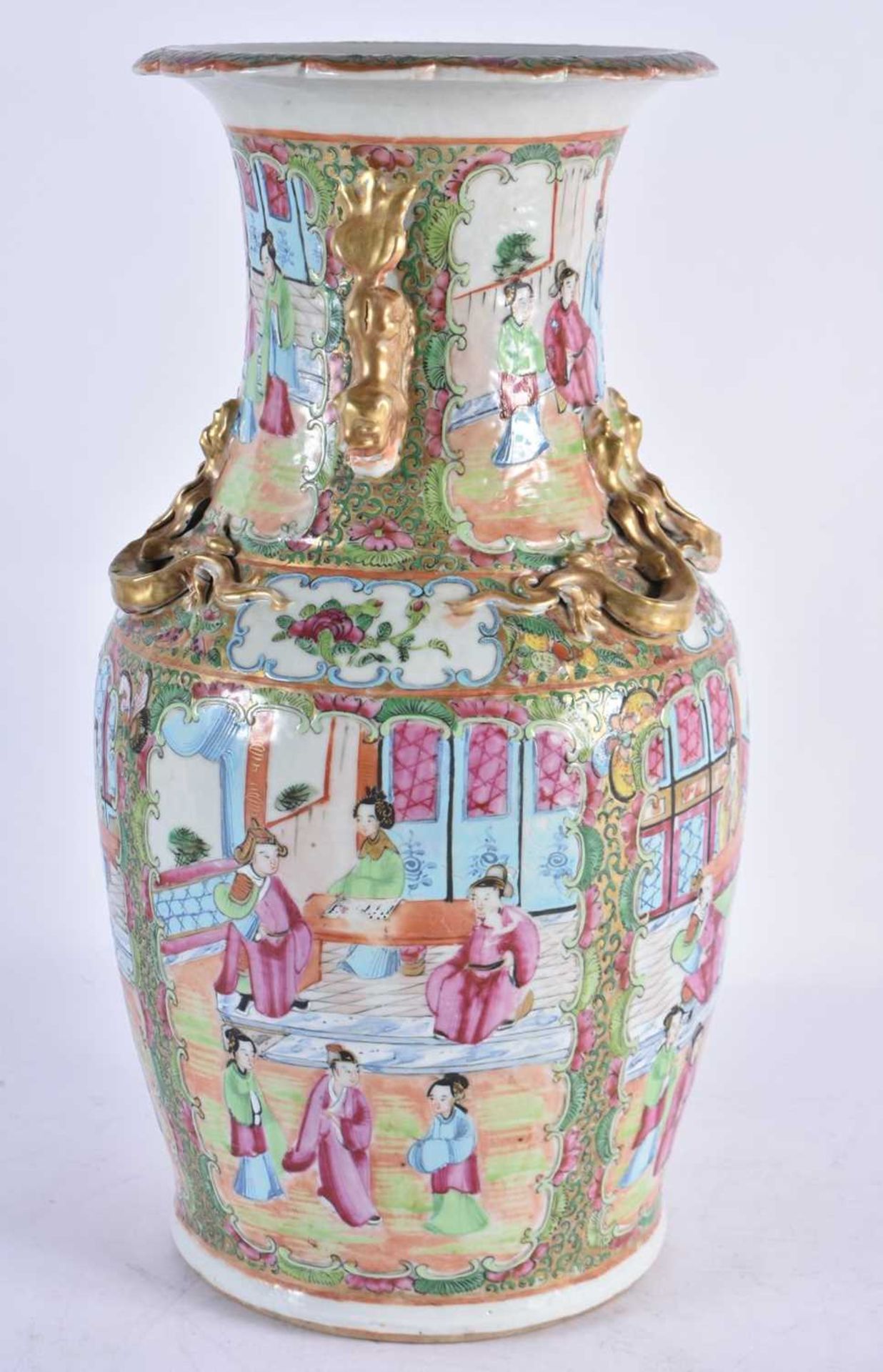 A LARGE 19TH CENTURY CHINESE CANTON FAMILLE ROSE PORCELAIN VASE Qing, painted with figures and - Image 3 of 6