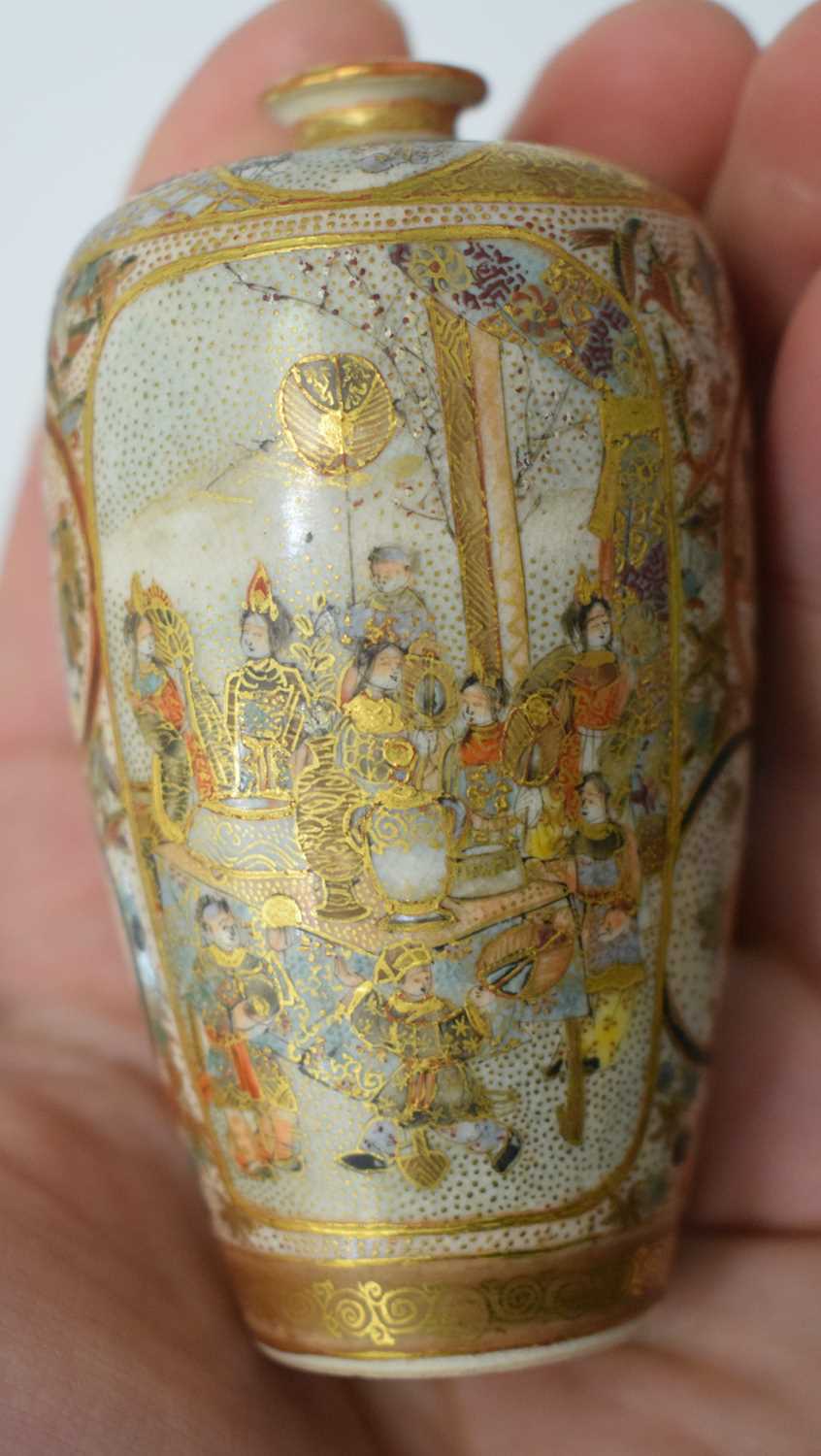 A SMALL 19TH CENTURY JAPANESE MEIJI PERIOD SATSUMA POTTERY VASE painted with figures and birds - Image 11 of 14