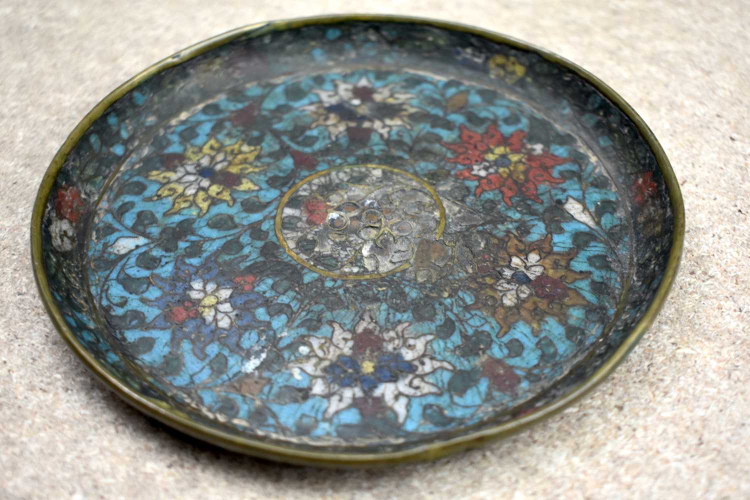A VERY UNUSUAL 15TH CENTURY CHINESE CLOISONNE ENAMEL PLATE Ming, decorated with lotus to top and - Image 8 of 18