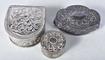 Three Embossed Victorian Silver Pill Boxes. Various Birmingham Hallmarks. Largest 5.5cm x 5.3cm x
