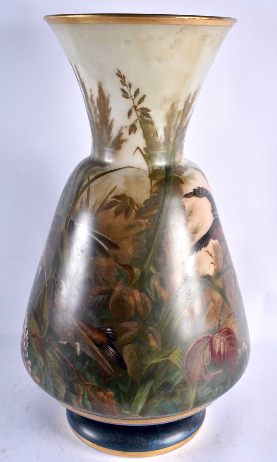 AN UNUSUAL LARGE VICTORIAN OPALINE GLASS VASE painted with birds within landscapes. 53 cm x 25 cm. - Image 4 of 9