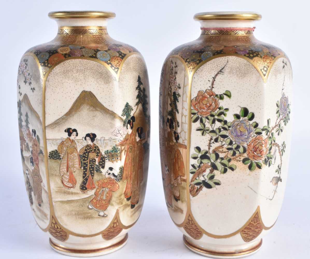 A PAIR OF LATE 19TH CENTURY JAPANESE MEIJI PERIOD SATSUMA VASES painted with geisha within - Image 2 of 5