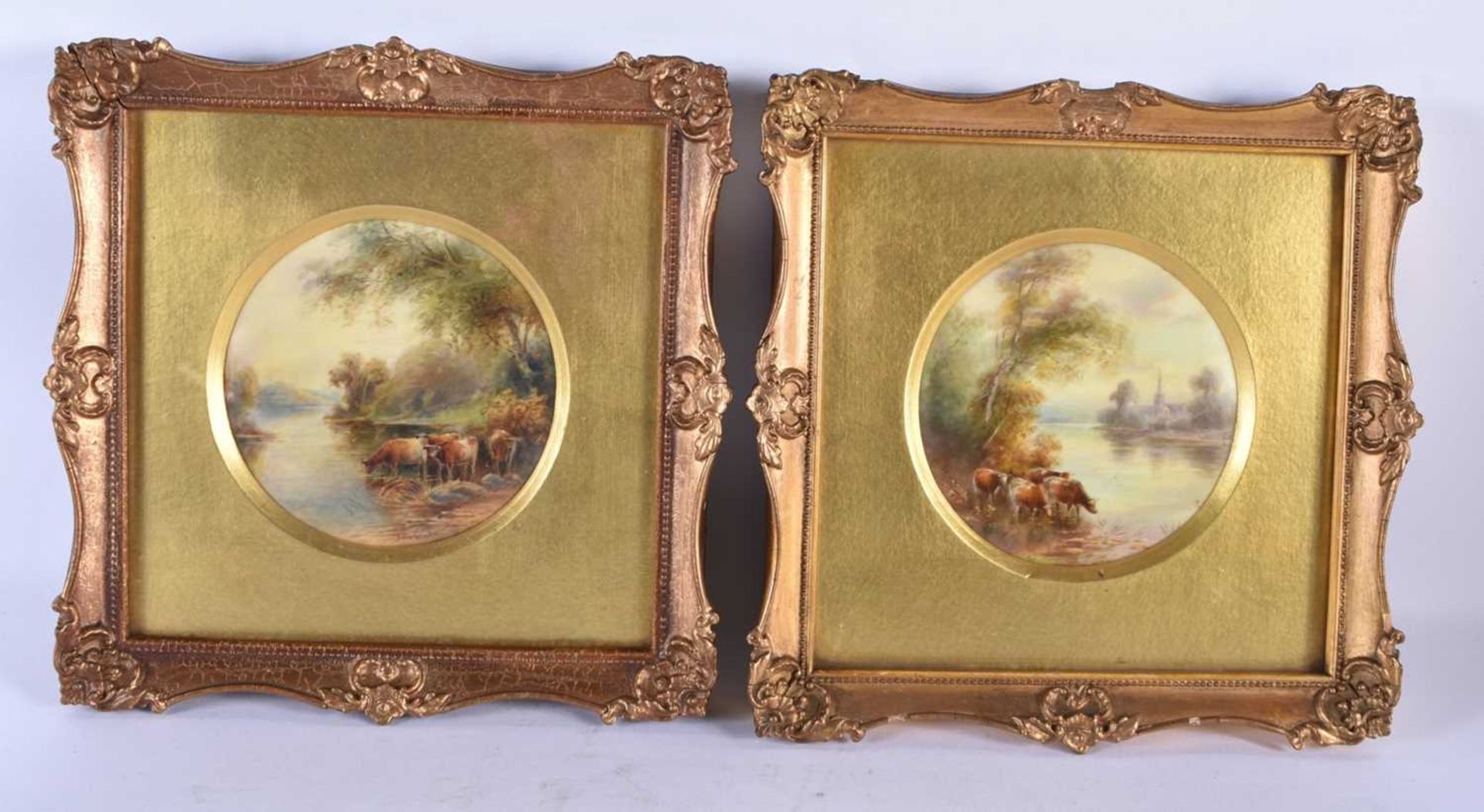 A PAIR OF ROYAL WORCESTER PORCELAIN PLAQUES. 21 cm square.