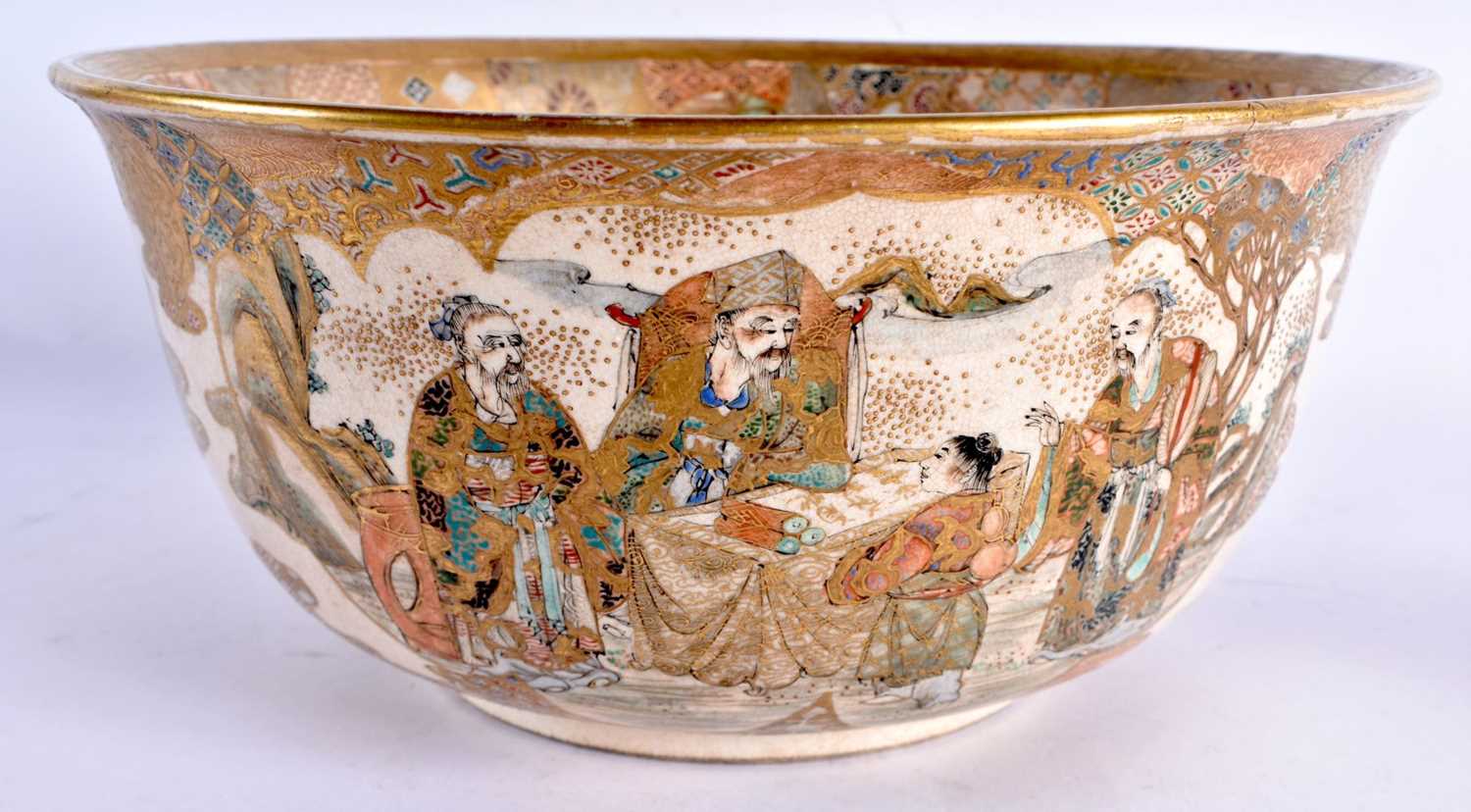 A LARGE 19TH CENTURY JAPANESE MEIJI PERIOD SATSUMA BOWL painted with immortals within landscapes, - Image 3 of 18