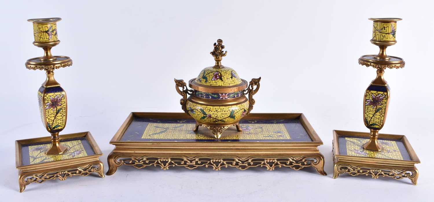 A FINE 19TH CENTURY FRENCH BRONZE AND CHAMPLEVE ENAMEL DESK GARNITURE in the manner of