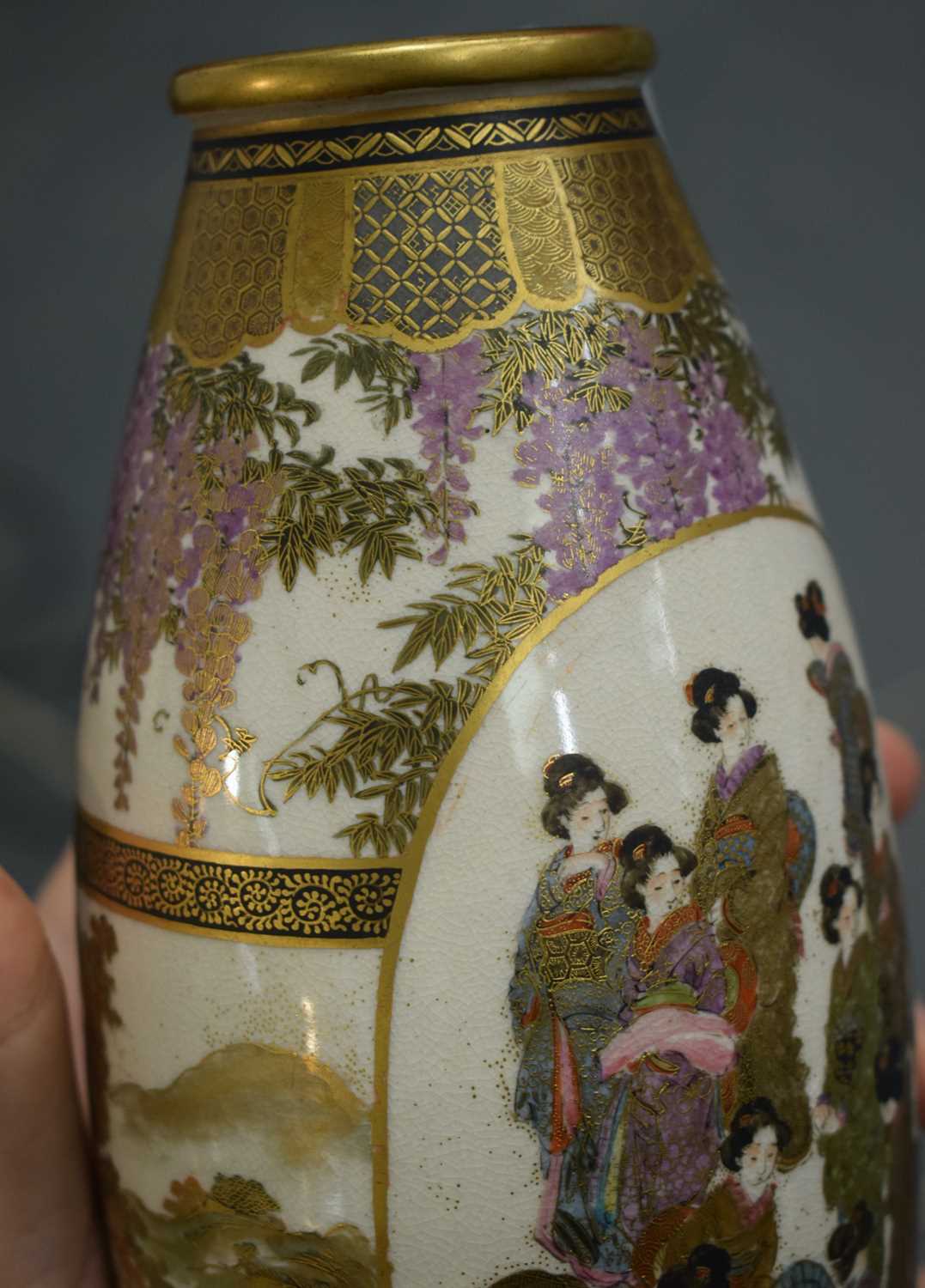 A PAIR OF LATE 19TH CENTURY JAPANESE MEIJI PERIOD SATSUMA POTTERY VASES painted with a group of - Image 21 of 25