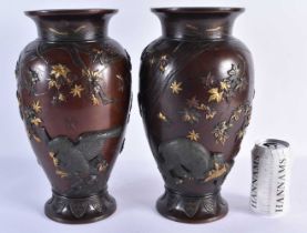 A VERY FINE PAIR OF 19TH CENTURY JAPANESE MEIJI PERIOD GOLD ONLAID BRONZE VASES Attributed to Suzuki