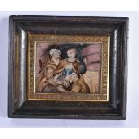 A RARE 18TH CENTURY REVERSE PAINTED MINIATURE MIRROR painted with a female being courted by two