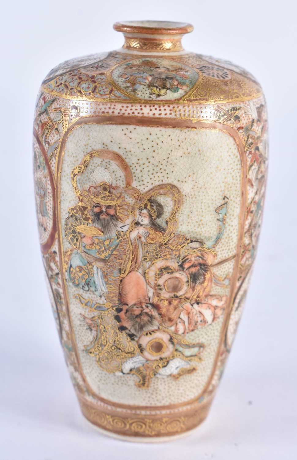 A SMALL 19TH CENTURY JAPANESE MEIJI PERIOD SATSUMA POTTERY VASE painted with figures and birds