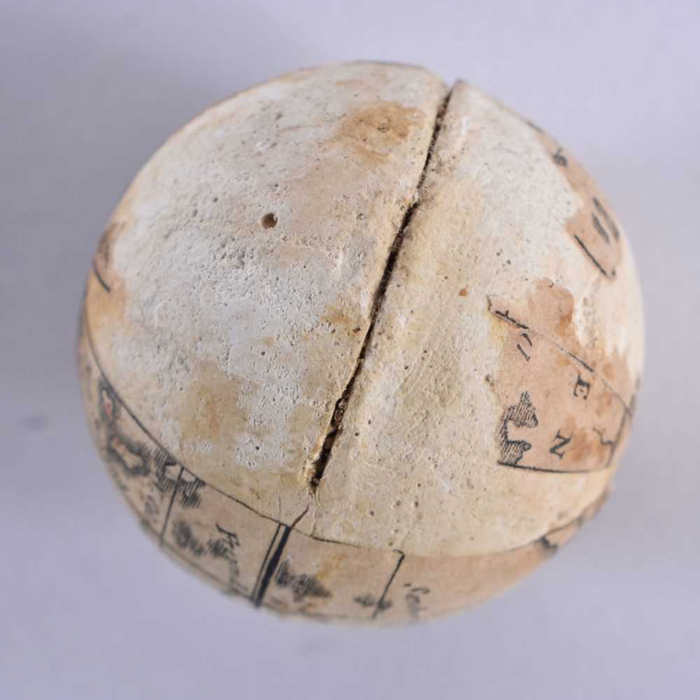 AN EXTREMELY RARE ANTIQUE CARVED NUT GLOBE the body rotating to reveal a tiny pocket globe. Nut 6 cm - Image 6 of 20