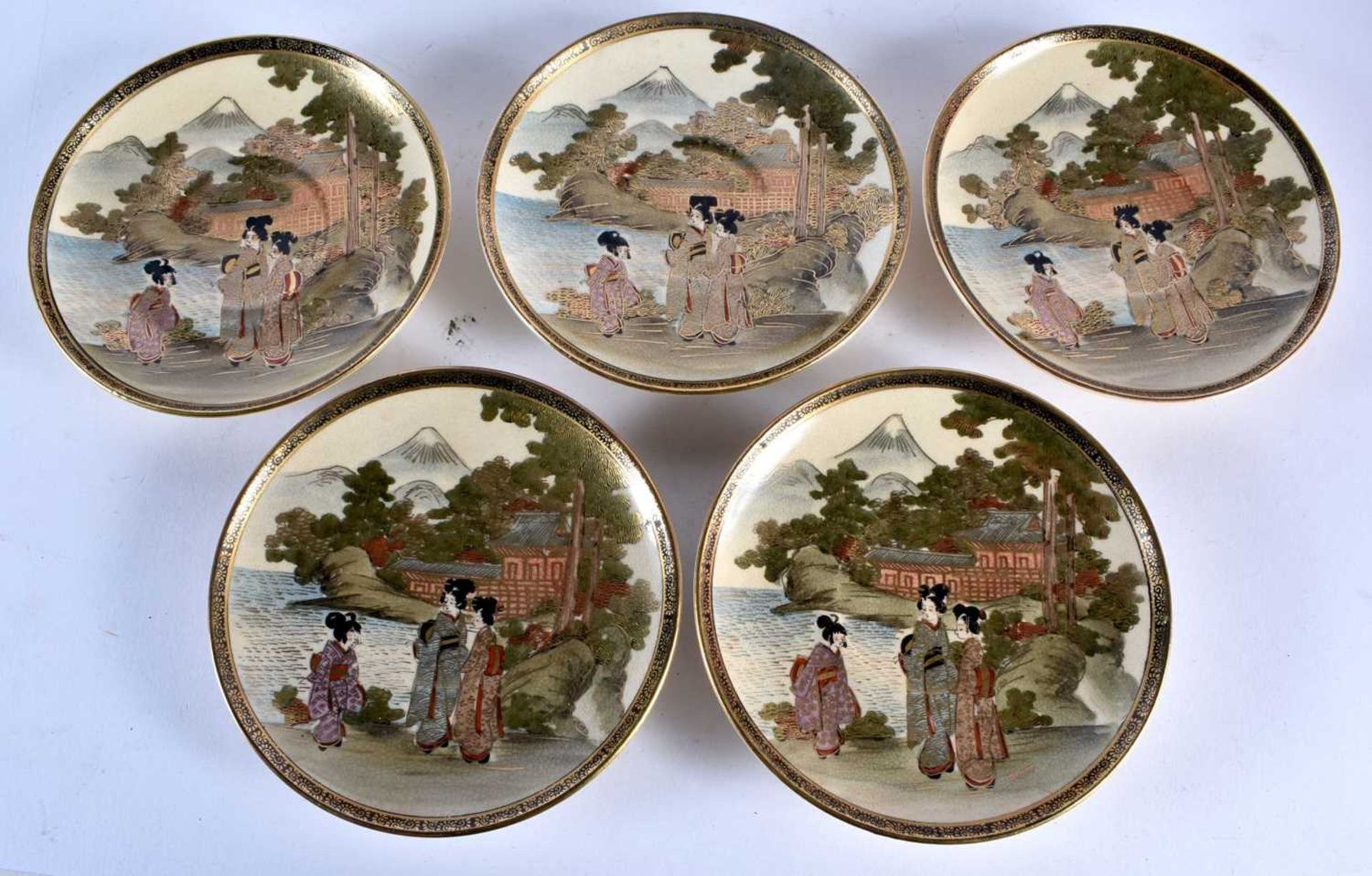 A LATE 19TH CENTURY JAPANESE MEIJI PERIOD SATSUMA TEASET painted with figures and landscapes. - Image 2 of 9