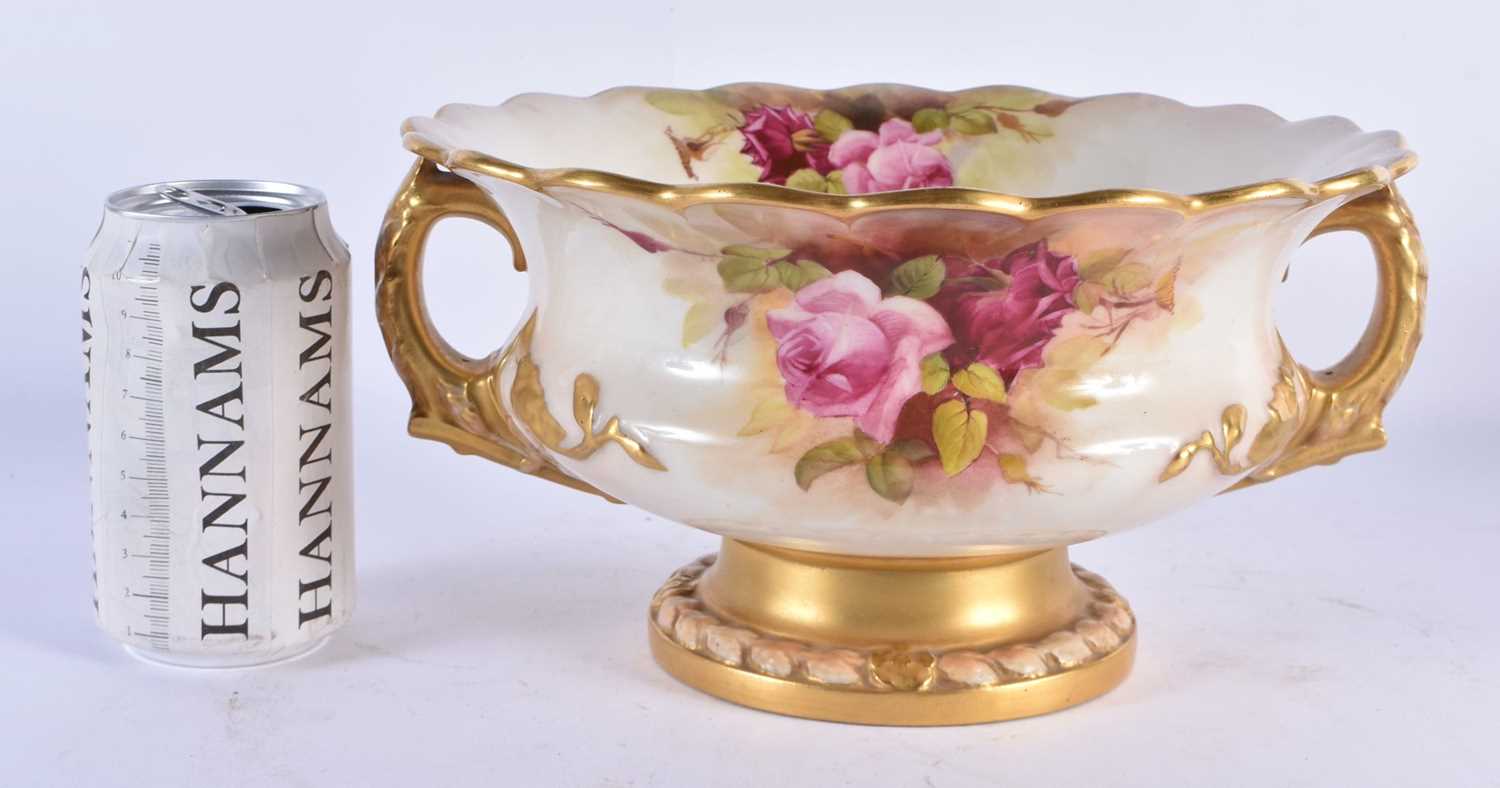 A ROYAN WORCESTER TWIN HANDLED PORCELAIN ROSE PAINTED BOWL. 24 cm x 13 cm. - Image 7 of 7