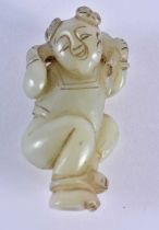 A 19TH CENTURY CHINESE CARVED GREEN JADE FIGURE OF A DANCING BOY Qing, modelled with a cat upon