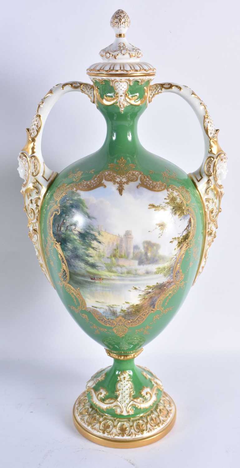 A FINE PAIR OF ROYAL WORCESTER TWIN HANDLED WORCESTER VASES AND COVERS by Harry Davis, painted - Bild 2 aus 13