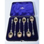 A Cased Set of Six Silver Apostle Spoons with Gilt Bowls. 12.5cm x 2.5cm, weight 84g