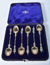 A Cased Set of Six Silver Apostle Spoons with Gilt Bowls. 12.5cm x 2.5cm, weight 84g