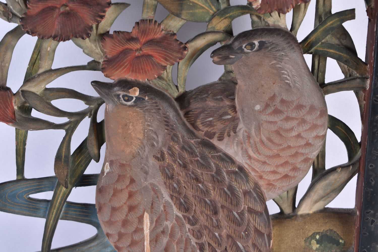 A RARE 19TH CENTURY CHINESE CAVED AND POLYCHROMED WOOD PANEL Qing, depicting a brace of game birds - Image 2 of 4