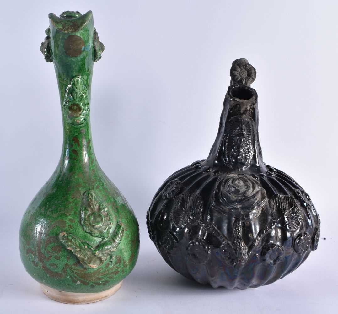 TWO LARGE AND UNUSUAL 19TH CENTURY CONTINENTAL POTTERY EWERS possibly Middle Eastern or Turkish. - Image 2 of 5