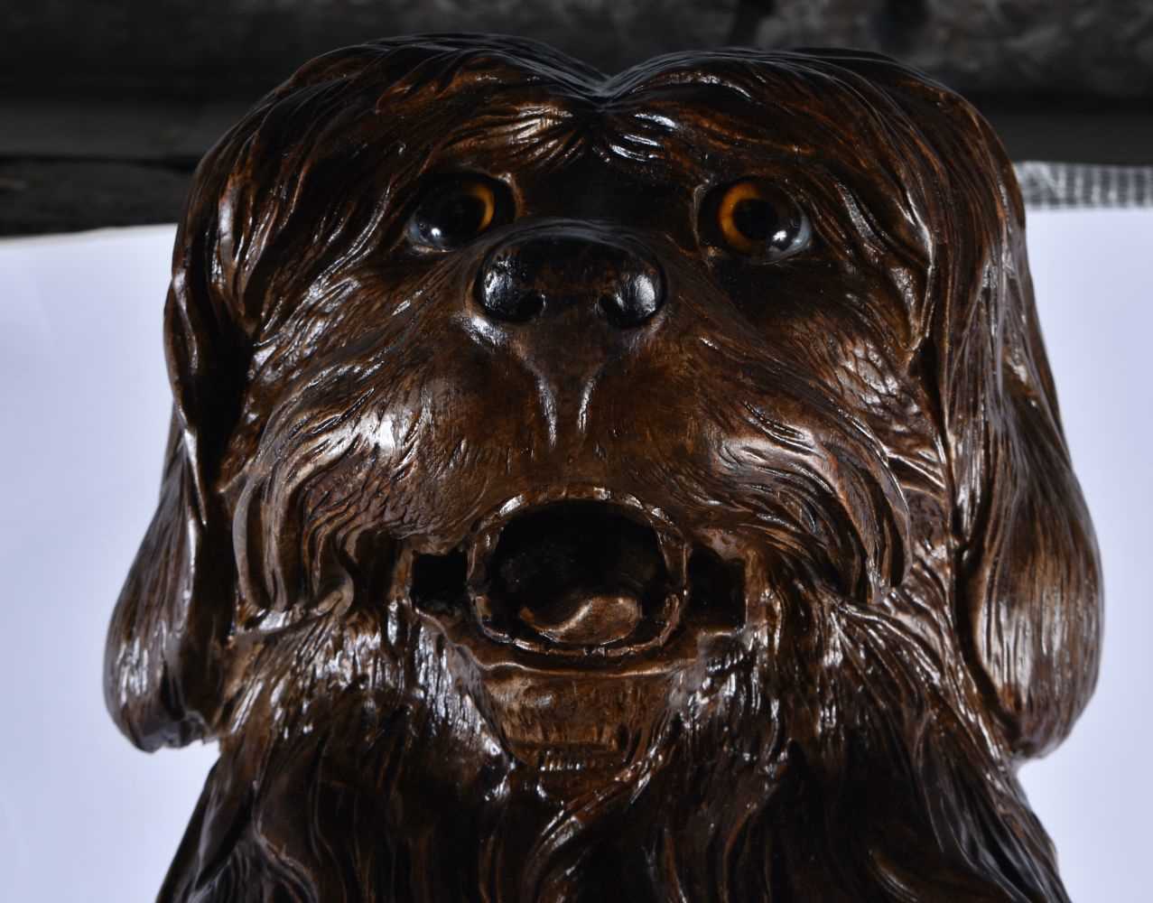 A LARGE 19TH CENTURY BAVARIAN BLACK FOREST CARVED WOOD BEGGING DOG STAND modelled with glass eyes, - Image 2 of 15