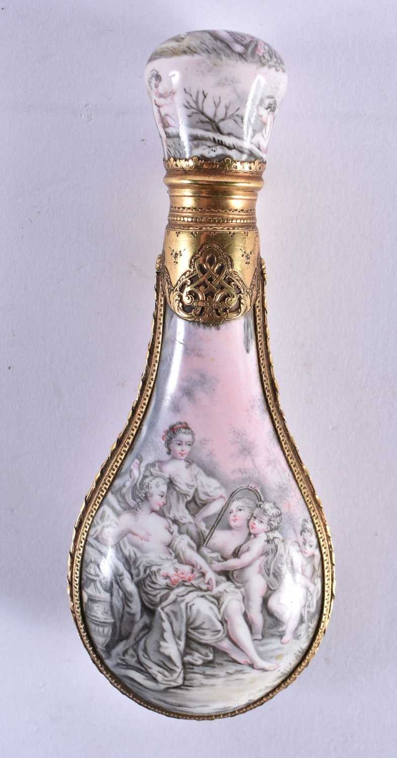 A FINE EARLY 19TH CENTURY VIENNESE ENAMEL AND ENGRAVED BRONZE SCENT BOTTLE AND STOPPER beautifully