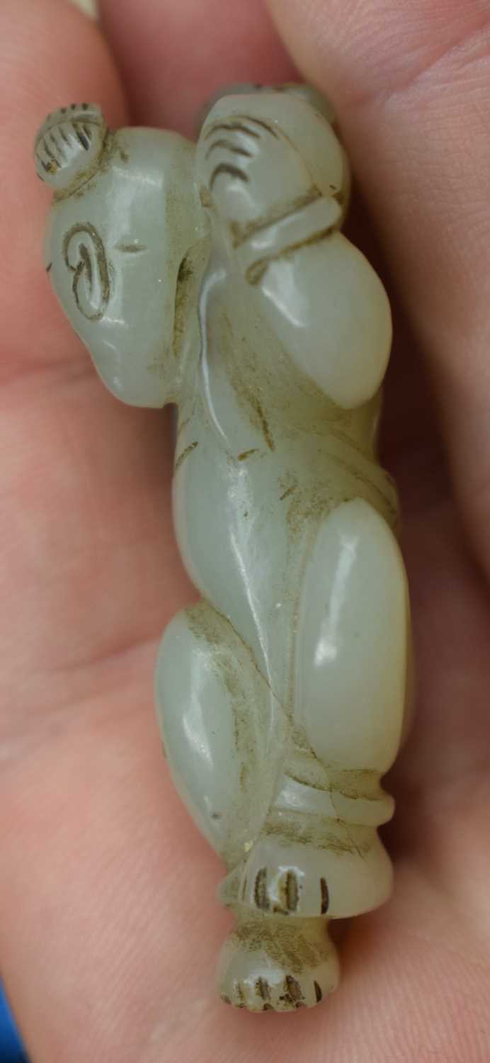 A 19TH CENTURY CHINESE CARVED GREEN JADE FIGURE OF A DANCING BOY Qing, modelled with a cat upon - Image 8 of 12