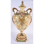 A GOOD LARGE ROYAL WORCESTER TWIN HANDLED RETICULATED BLUSH IVORY VASE AND COVER raised in gilt with