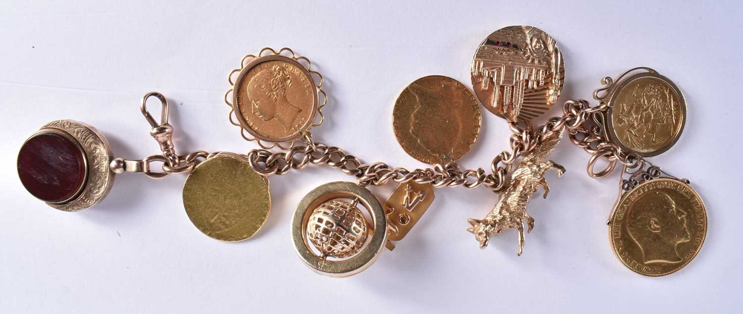A 9 Carat Gold Charm Bracelet with a 9 Carat Gold Hardstone Swivel Charm, a 14 Carat Gold Globe - Image 2 of 7