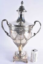 A GOOD GEORGE III SILVER ADAM-STYLE TEA URN with leaf cast finial and coat of arms to the lift of