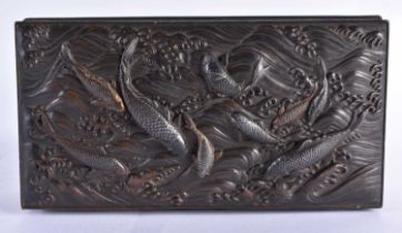 A 19TH CENTURY JAPANESE MEIJI PERIOD SILVERED BRONZE TRINKET BOX decorated with carp crashing