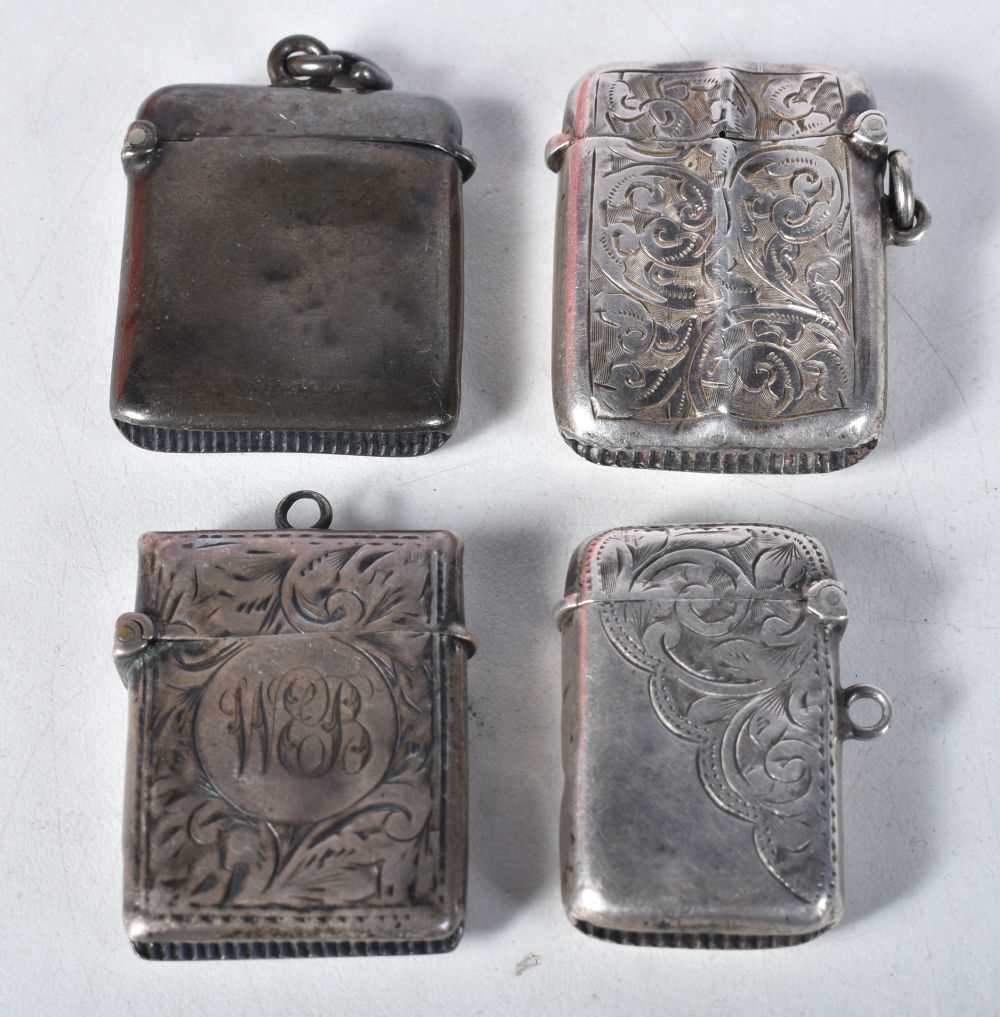 Four Victorian / Edwardian Vesta Cases. Hallmarks for Chester, London & Birmingham. Largest 4.2cm