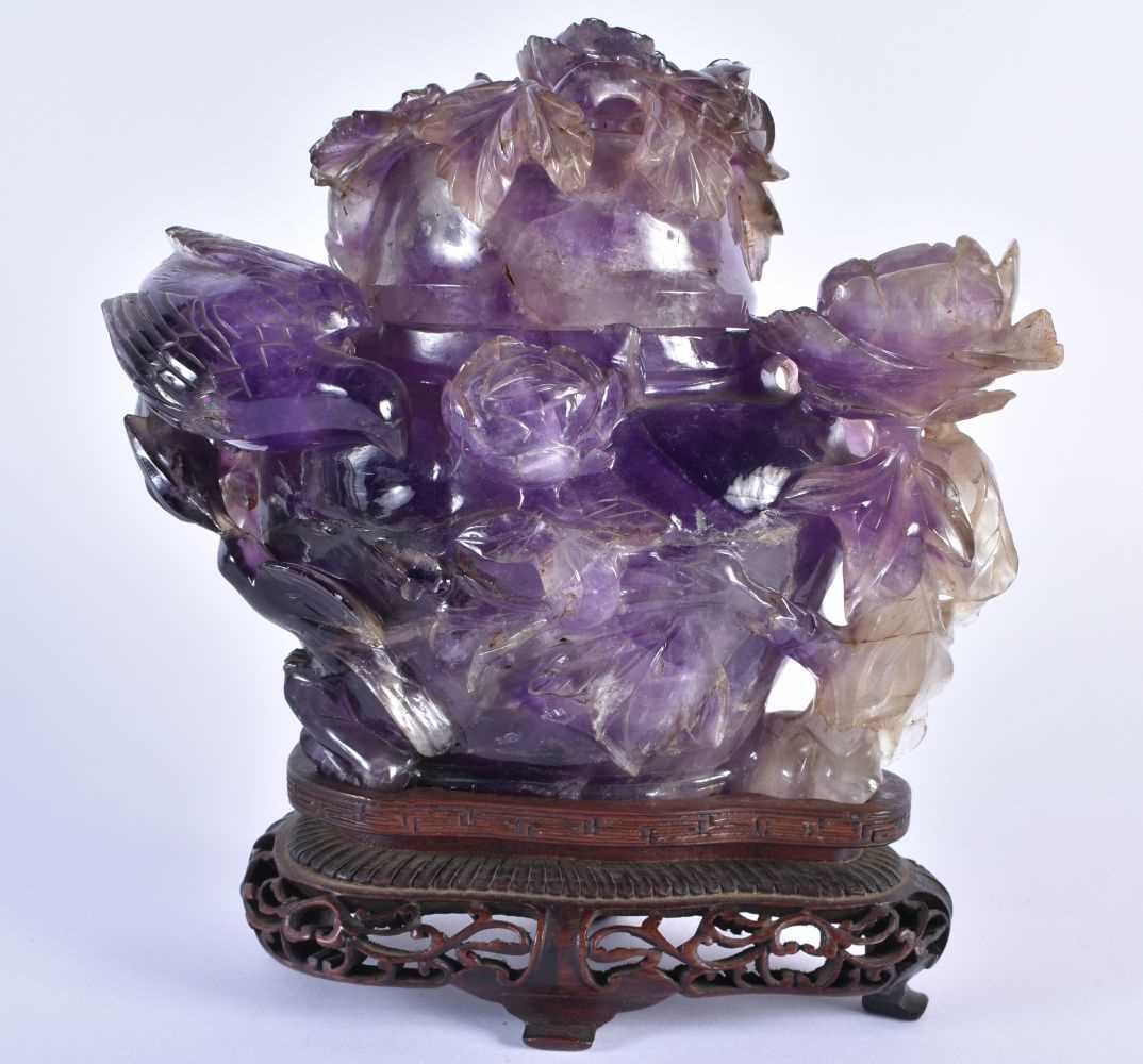 A LARGE 19TH CENTURY CHINESE CARVED AMETHYST VASE AND COVER Qing, formed with birds and extensive