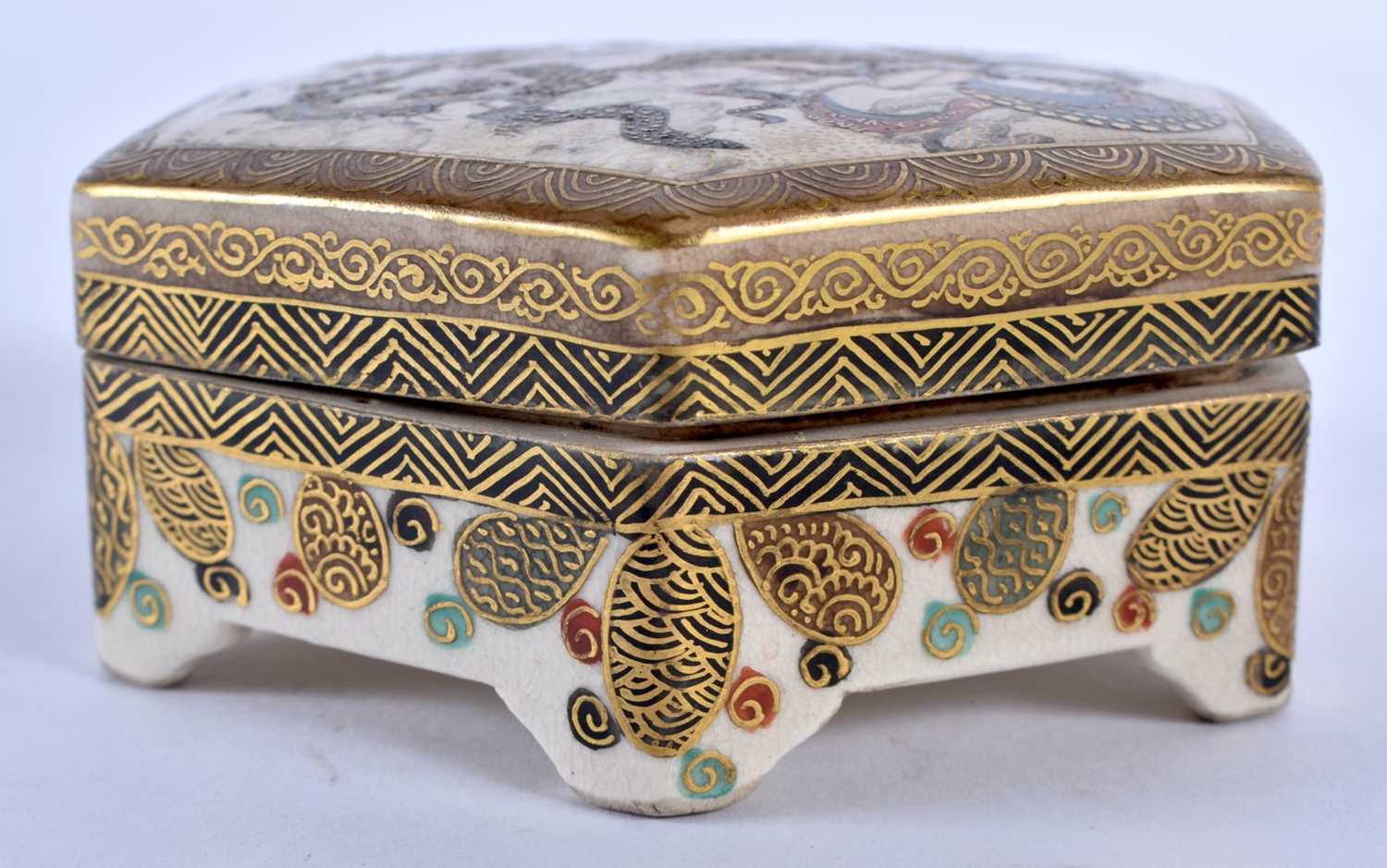A 19TH CENTURY JAPANESE MEIJI PERIOD SATSUMA HEXAGONAL BOX AND COVER painted with a goddess upon a - Image 3 of 5
