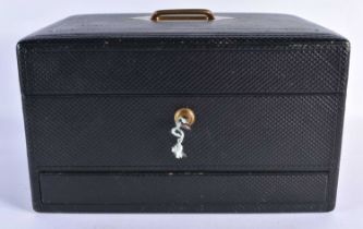 A FINE LATE VICTORIAN NAVY BLUE TRAVELLING NECCESSAIRE BOX with hidden compartments. 31 cm x 22.5