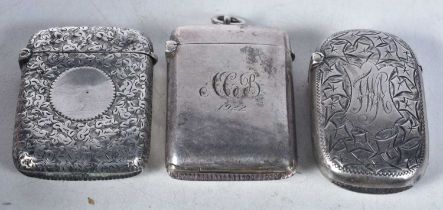 Three Victorian Silver Vesta Cases. Various Marks incl Birmingham 1894. Largest 4.9cm x 3.8cm x 1cm.