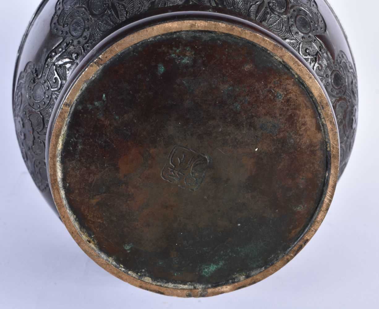A LARGE 19TH CENTURY JAPANESE MEIJI PERIOD BRONZE VASE decorated with archaic motifs and foliage. 30 - Image 7 of 8