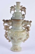 AN EARLY 20TH CENTURY CHINESE CARVED TWIN HANDLED JADE VASE AND COVER Late Qing/Republic. 19 cm x 10