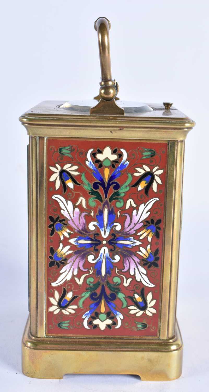 A LATE 19TH CENTURY FRENCH REPEATING CHAMPLEVE ENAMEL CARRIAGE CLOCK within original leather - Image 7 of 9