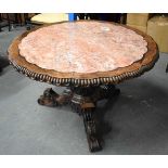 A LARGE 19TH CENTURY CHINESE CARVED HARDWOOD MARBLE INSET TABLE Qing, the banding formed with